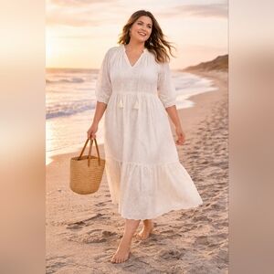 2X NWT Cream Eyelet Cotton Midi Dress Boho Cottagecore Tiered Puff Sleeve Tassel